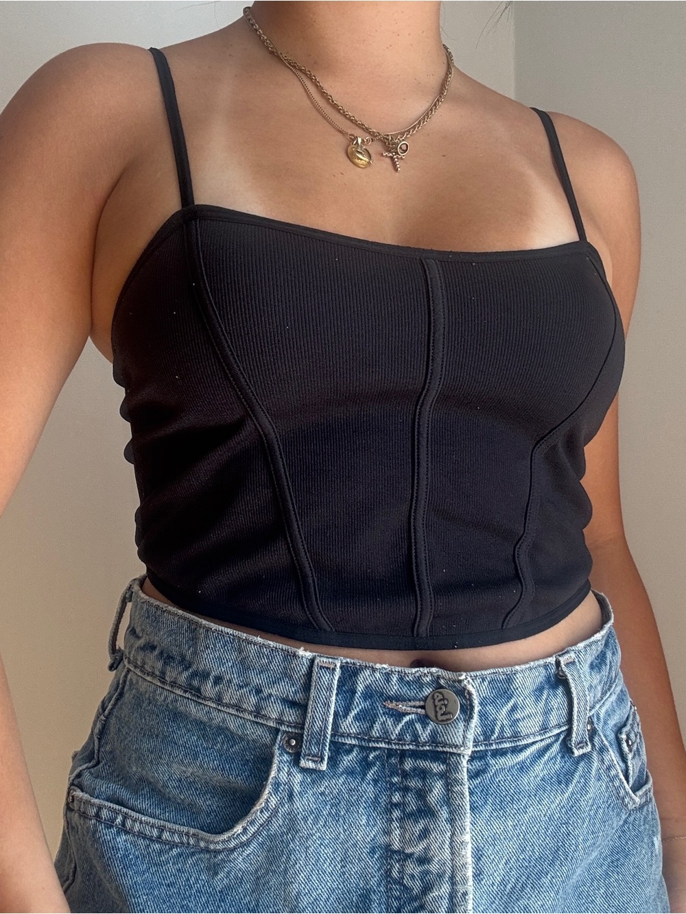 Garage Black Ribbed Seam-Detail Cami Crop